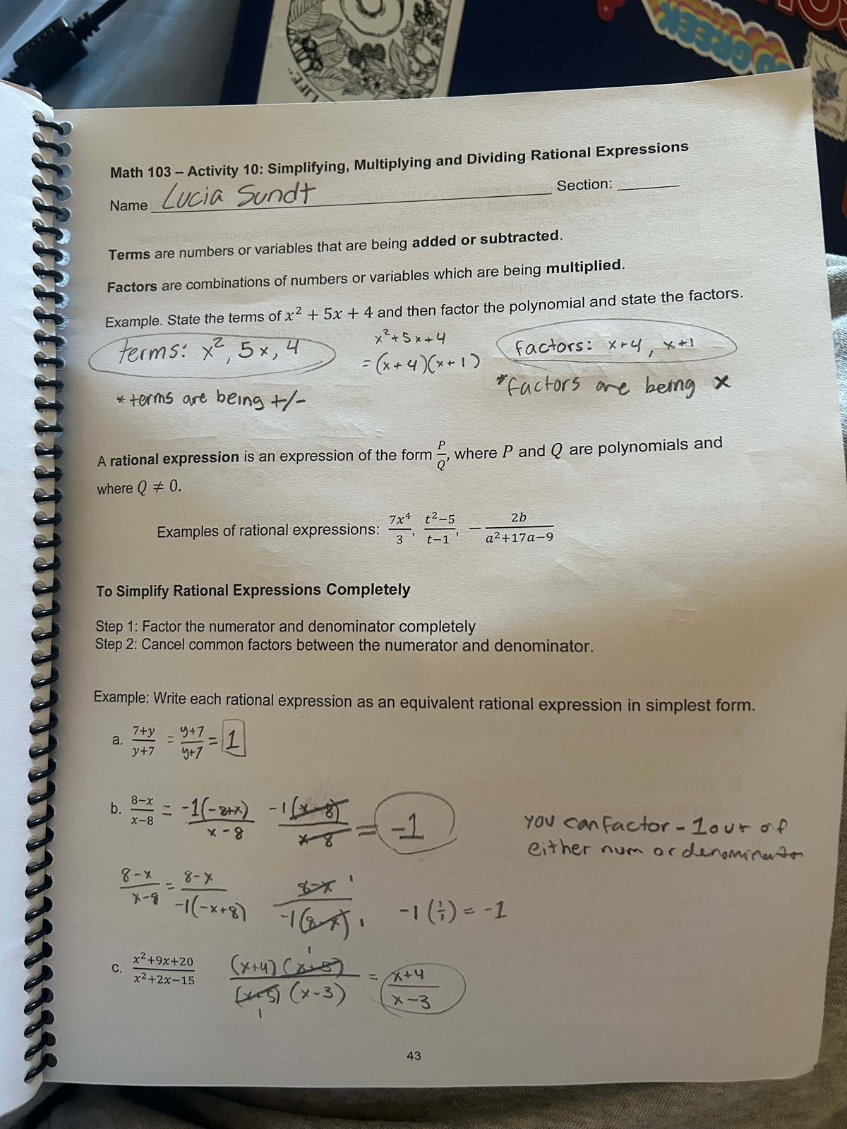 Math 103 Activity 10: Simplifying & Dividing Rational Expressions - Studocu