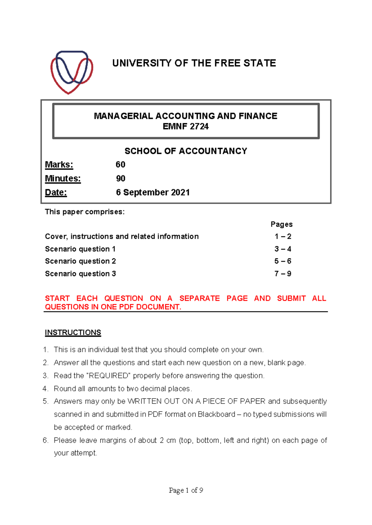 EMNF2724 Semester Test 1 - Managerial Accounting & Finance 2021 - Studocu