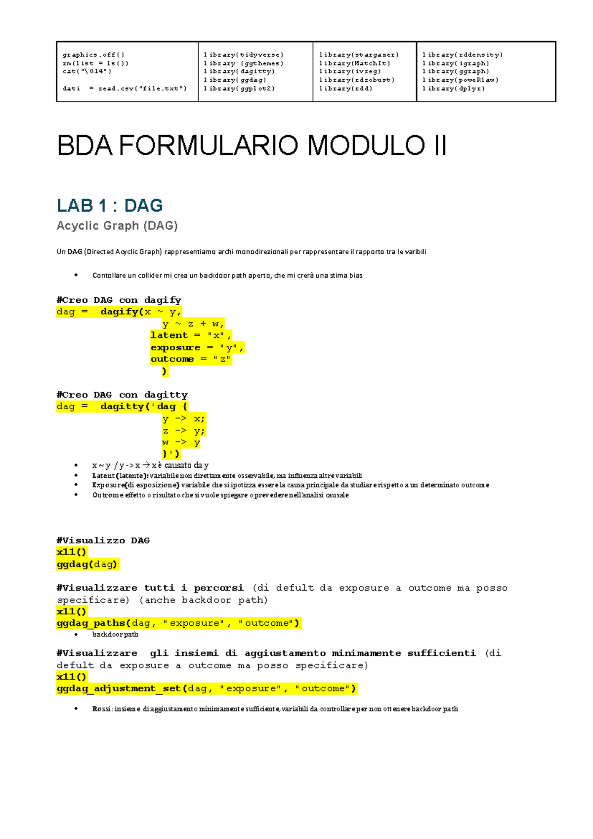BDA Formulario Modulo II: Analisi di DAG e RCT in Statistica - Studocu