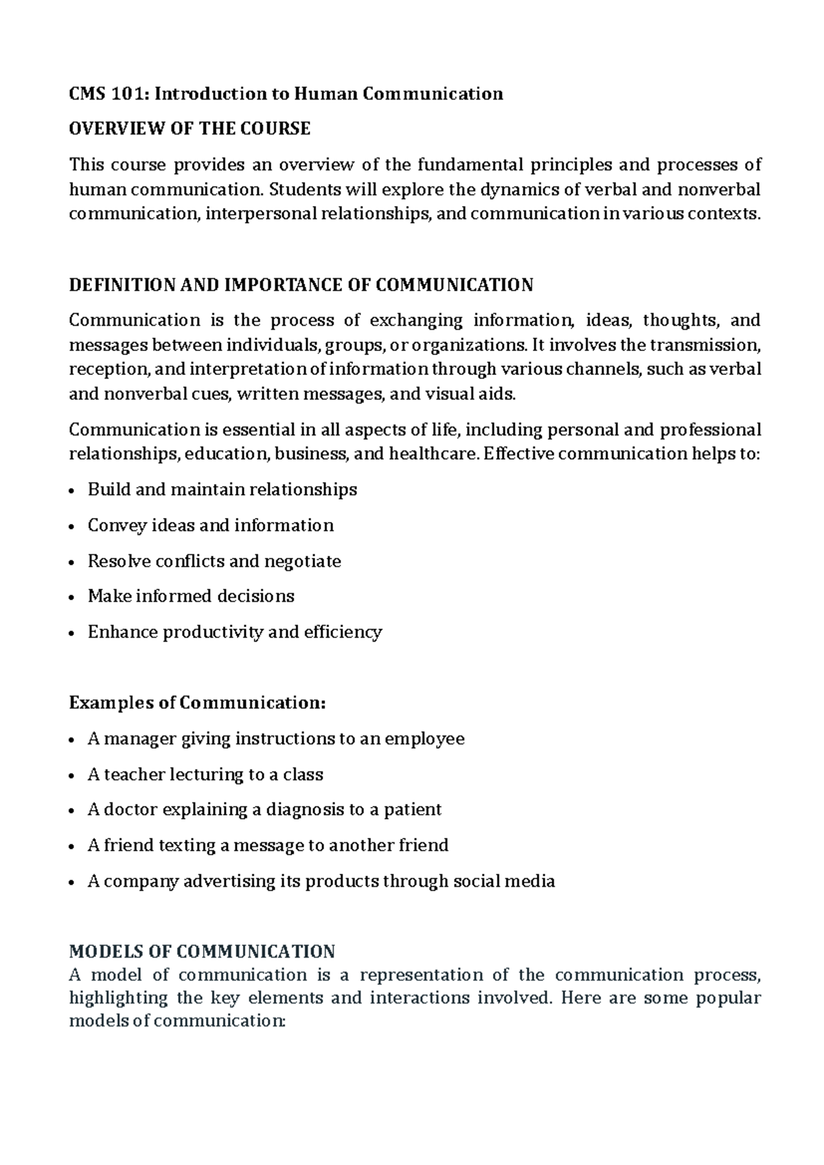 CMS 101 - Final Exam Study Guide: Human Communication Fundamentals ...