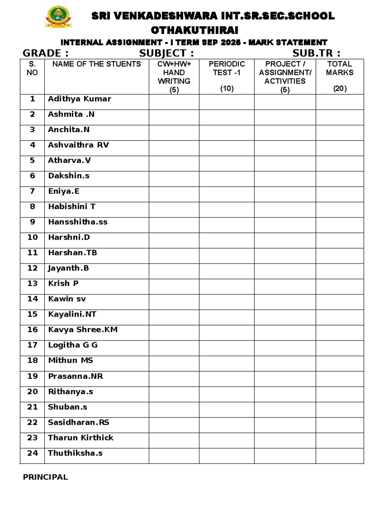 SRI VENKADESHWARA INT.SR.SEC.SCHOOL I TERM SEP 2025 MARK STATEMENT ...