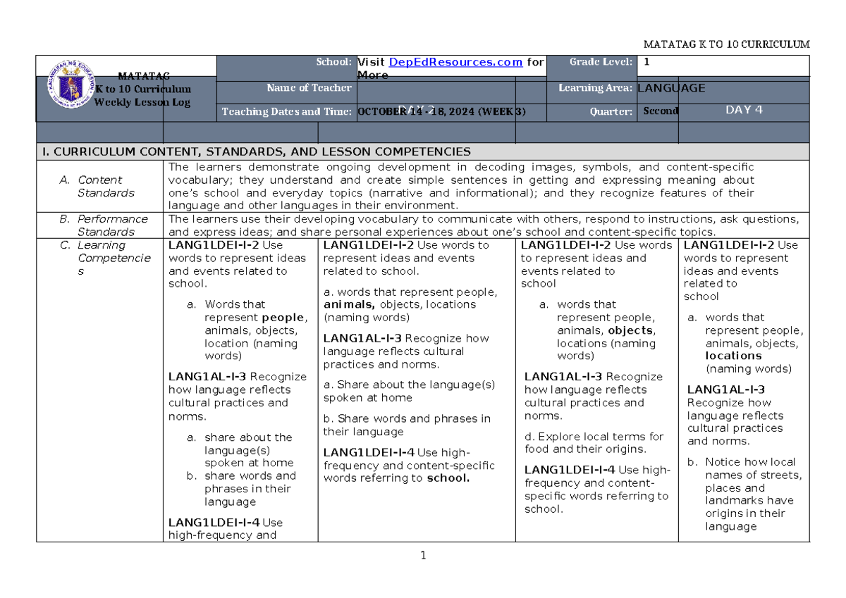 DLL Matatag Language 1 Q2 W3 Weekly Lesson Log (Oct 14-18, 2024) - Studocu
