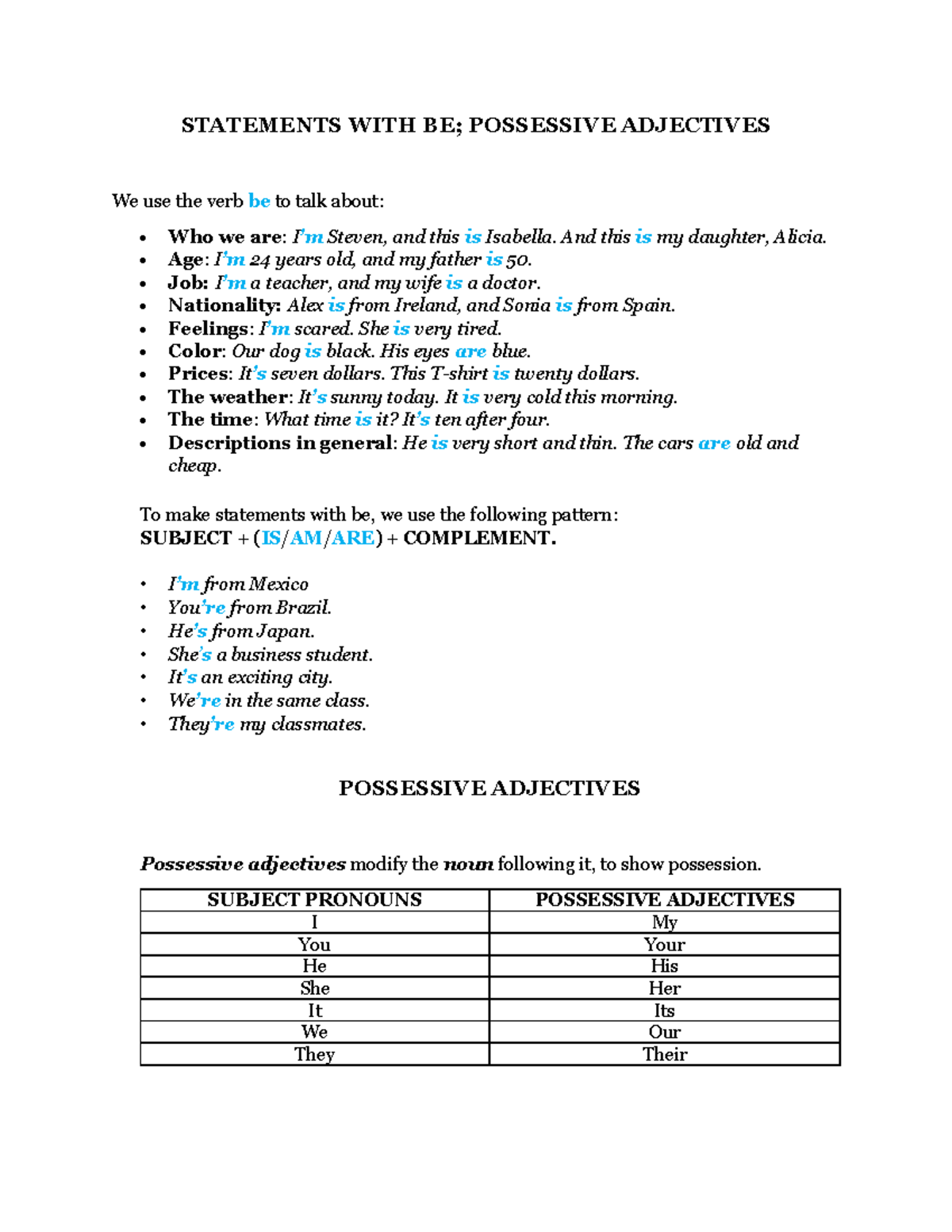 ENG 101: Statements with Be and Possessive Adjectives Notes - Studocu