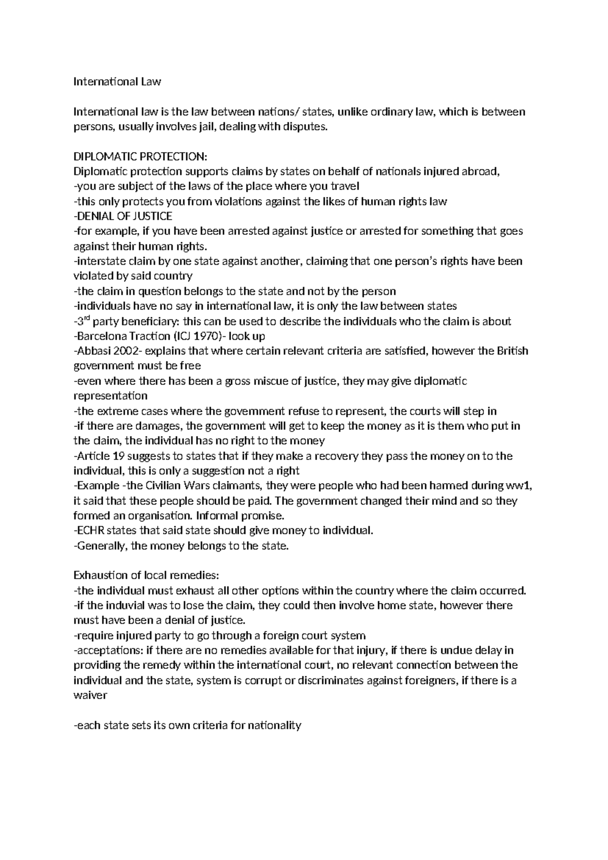 International Law - Final Notes on Diplomatic Protection and Treaties ...