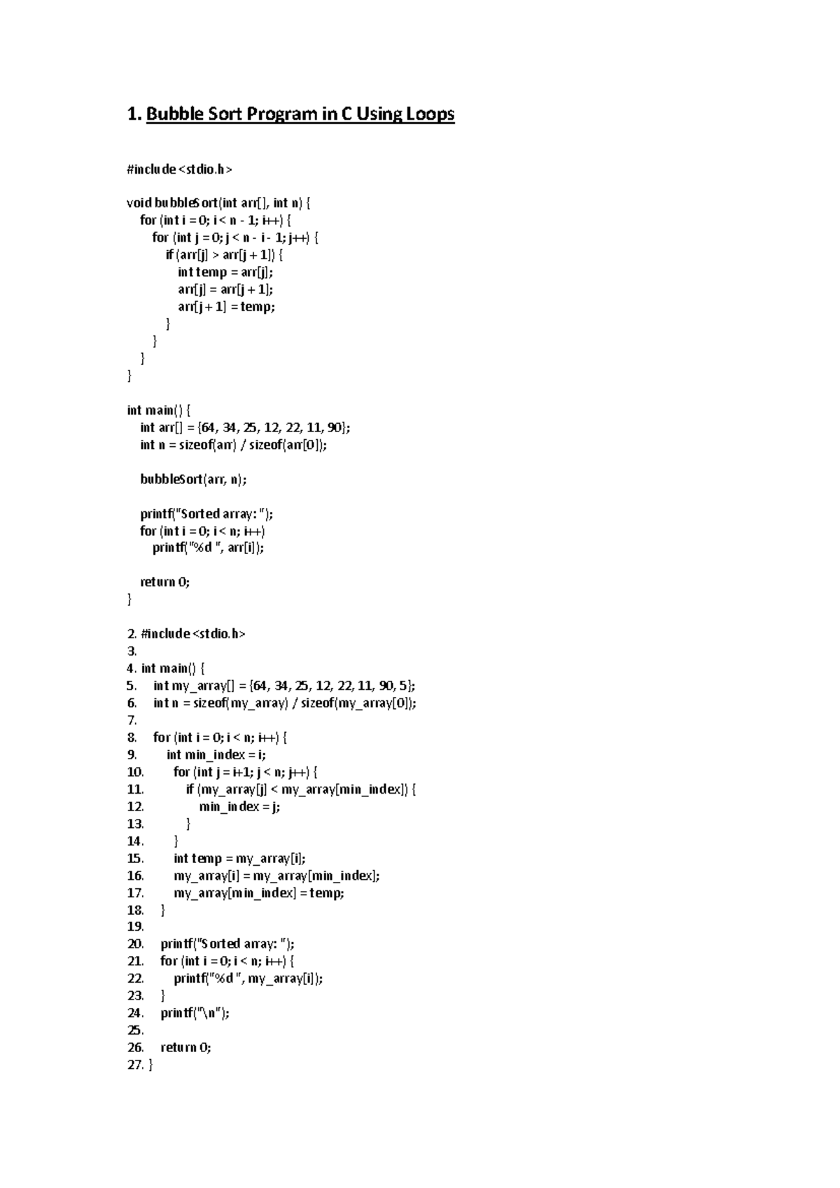 C Programming Lab: Bubble, Selection, and Insertion Sort - Studocu