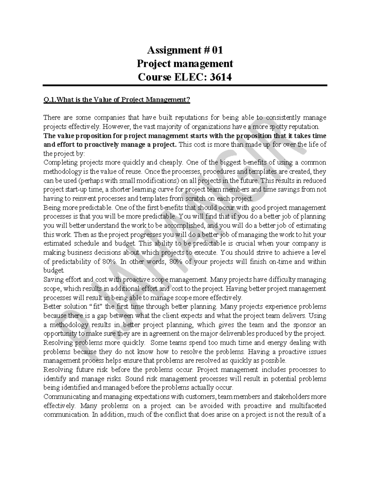 ELEC: 3614 Project Management Assignment #01: Value & Life Cycles - Studocu