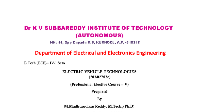 EVT Unit-I Notes - EEE R20: Electric Vehicle Technologies Overview ...