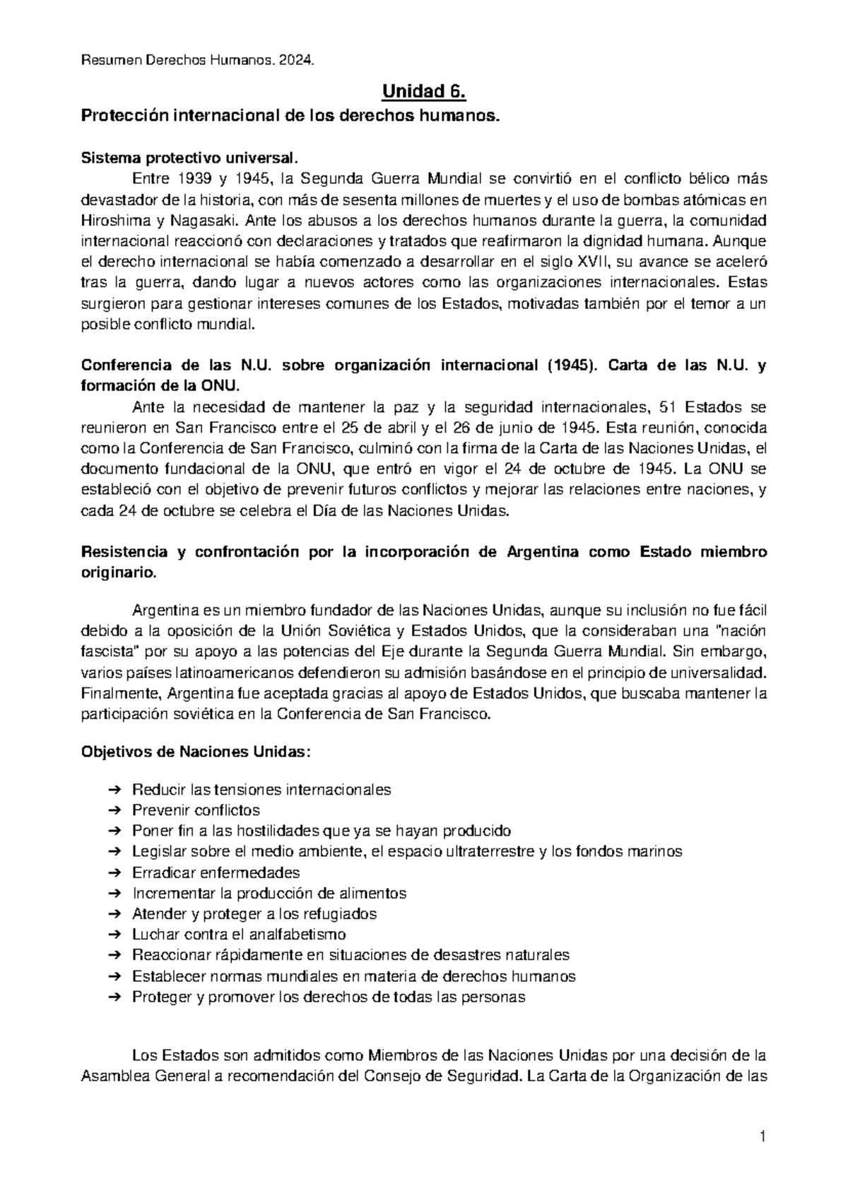 Resumen DDHH. 2024. Unidad 6: Protección Internacional de los Derechos ...