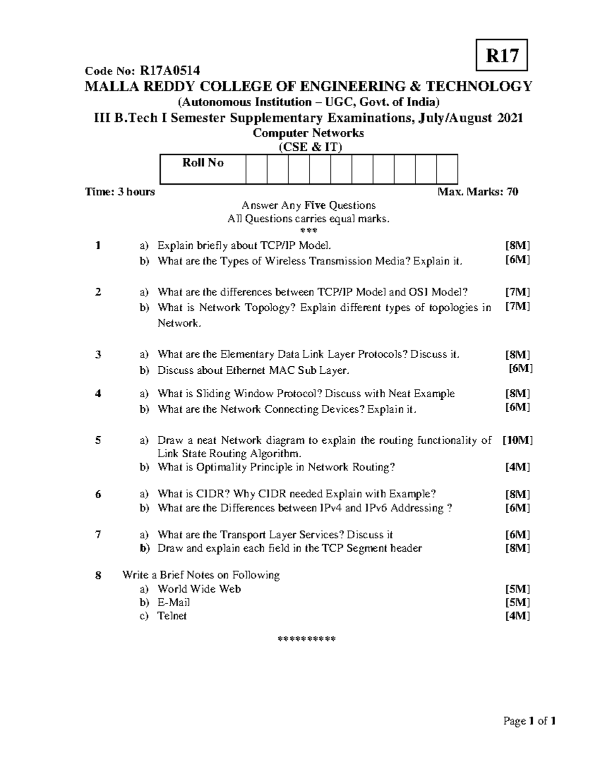 Computer Networks - Supplementary Exam Question Papers (R17A, R15A ...