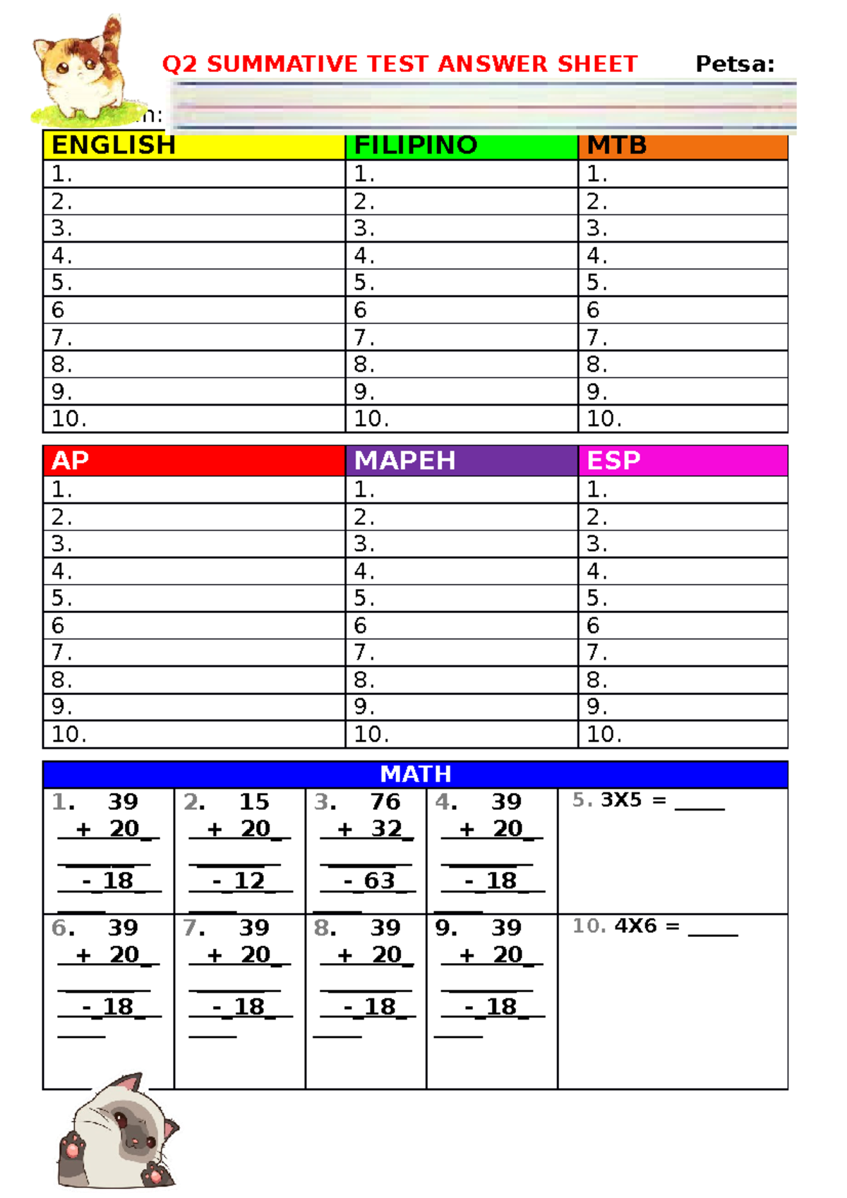 Summative Test Answer Sheet for ENGLISH, AP, MAPEH, and MATH - Studocu