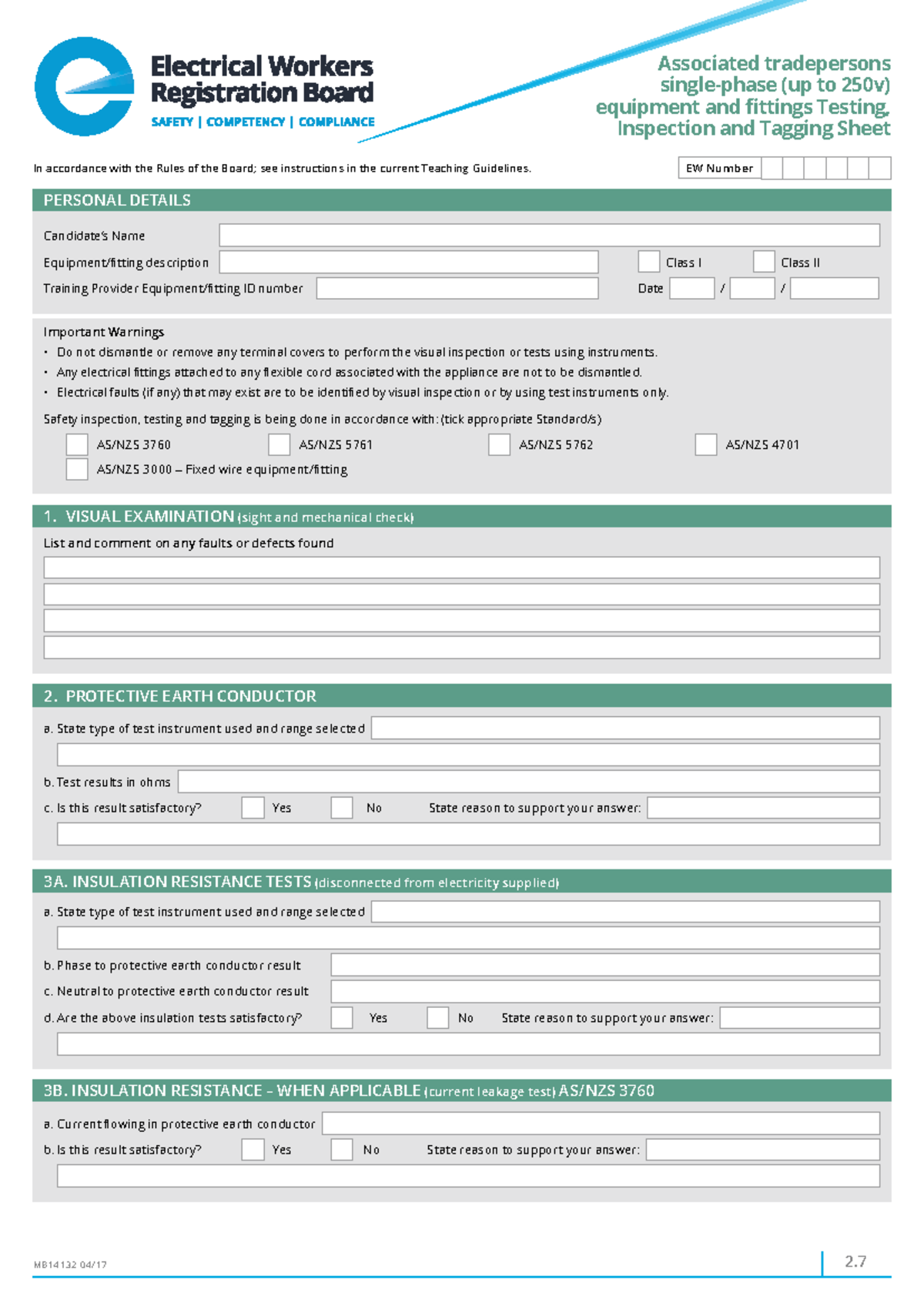 Electrician Test Sheet 2: Equipment Testing & Tagging (EW) - Studocu