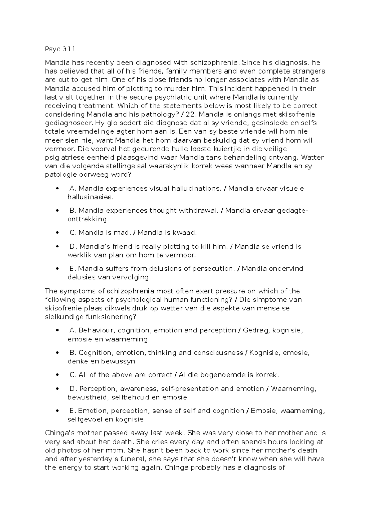 Psyc 311 Final Exam: Schizophrenia and Related Disorders Questions ...