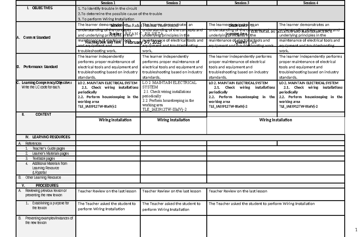 EIM - Grade 11 Electrical Installation Lesson Plans and Objectives ...