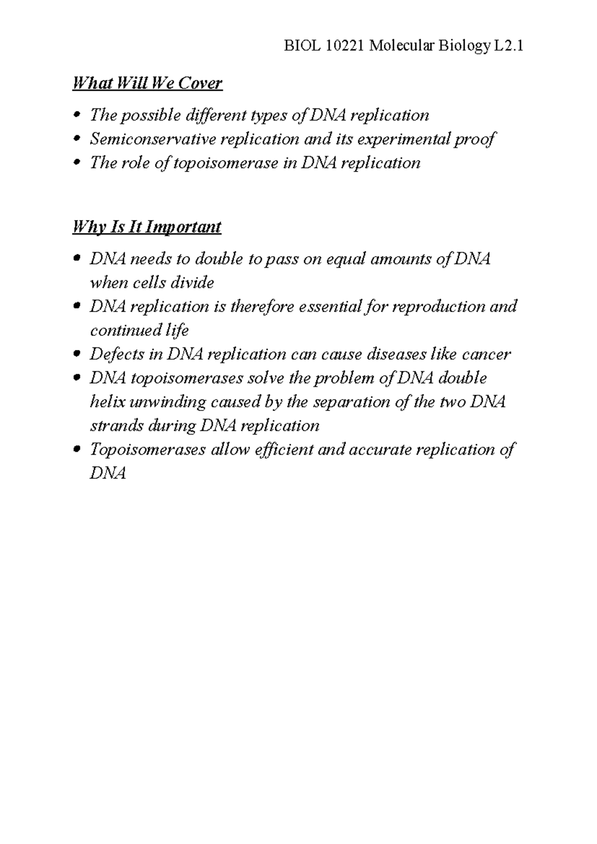 BIOL 10221 Molecular Biology L2.1 Lecture Notes on DNA Replication ...