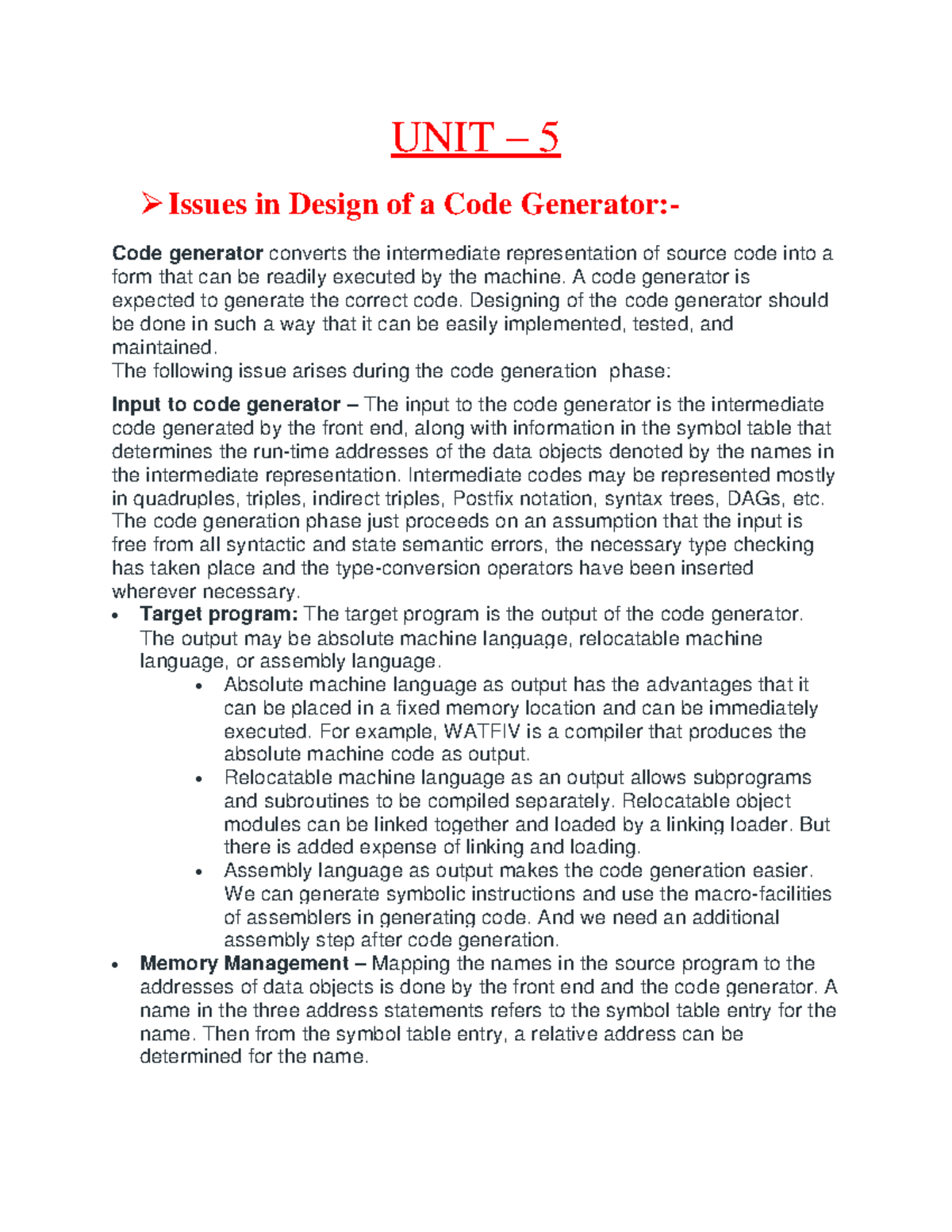 CD-UINT5 - R20: Design Issues and Techniques in Code Generation - Studocu