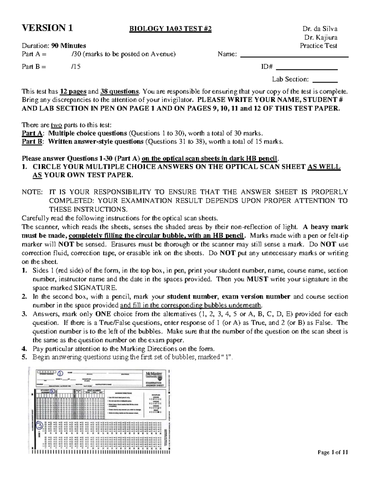 Biology 1A03 Practice Test (Version 1) - Multiple Choice & Written ...