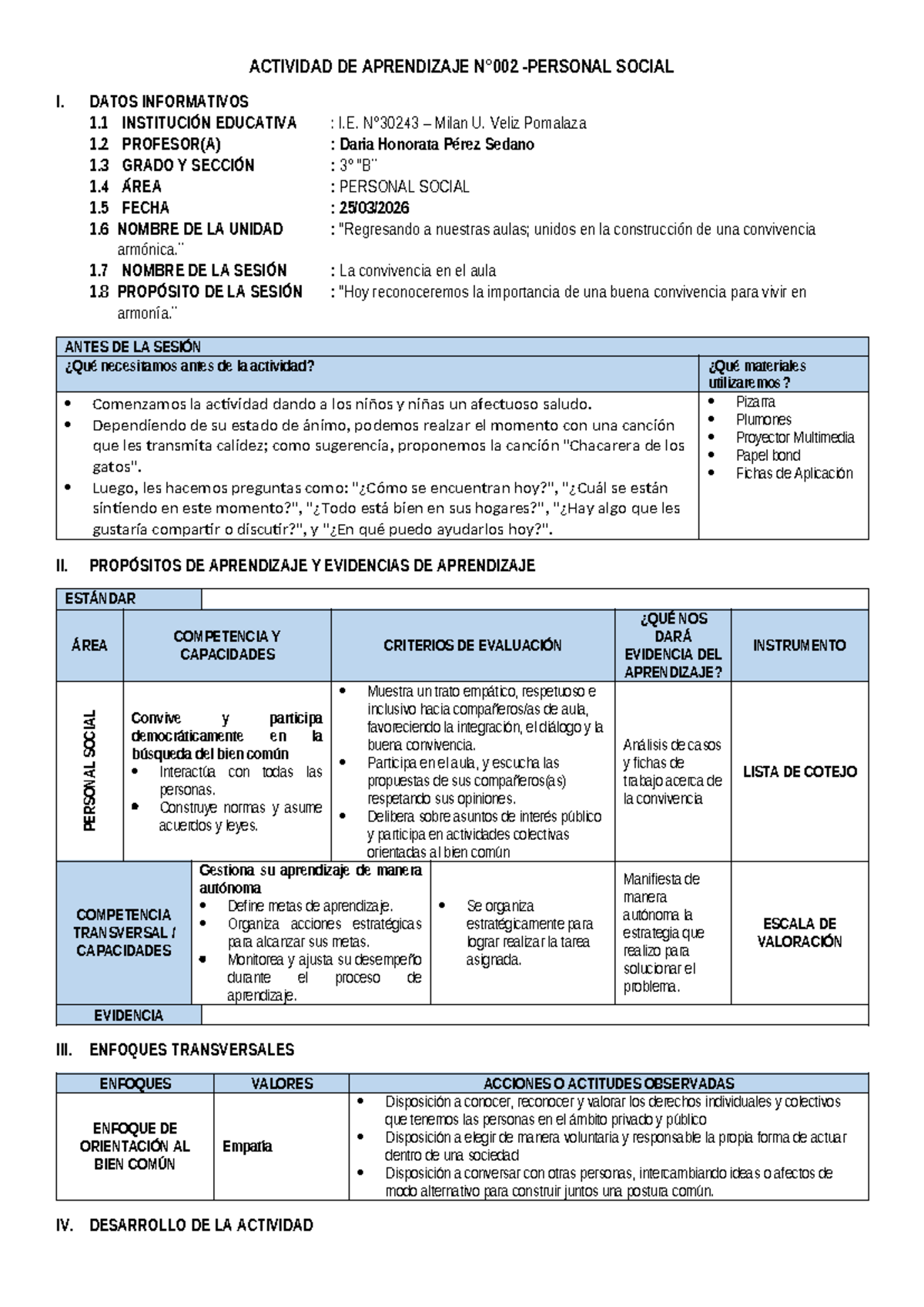 Sesión de Aprendizaje Personal Social I: La Convivencia en el Aula ...