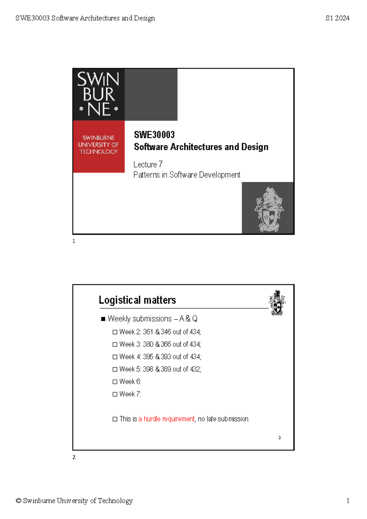 Software Architectures and Design S1 2024 Lecture 7: Patterns in ...