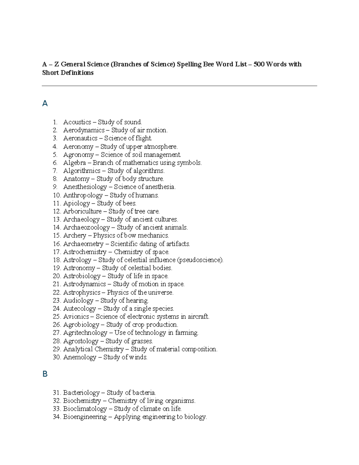 GSc 500-Word General Science Spelling Bee Review List - Studocu