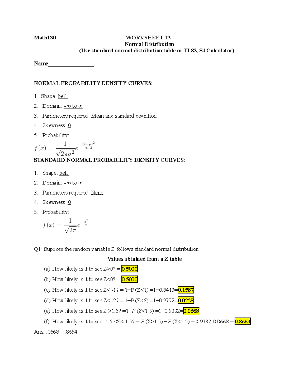 Studocu Worksheet-13-normal Distribution-1 - Math130 WORKSHEET 13 ...