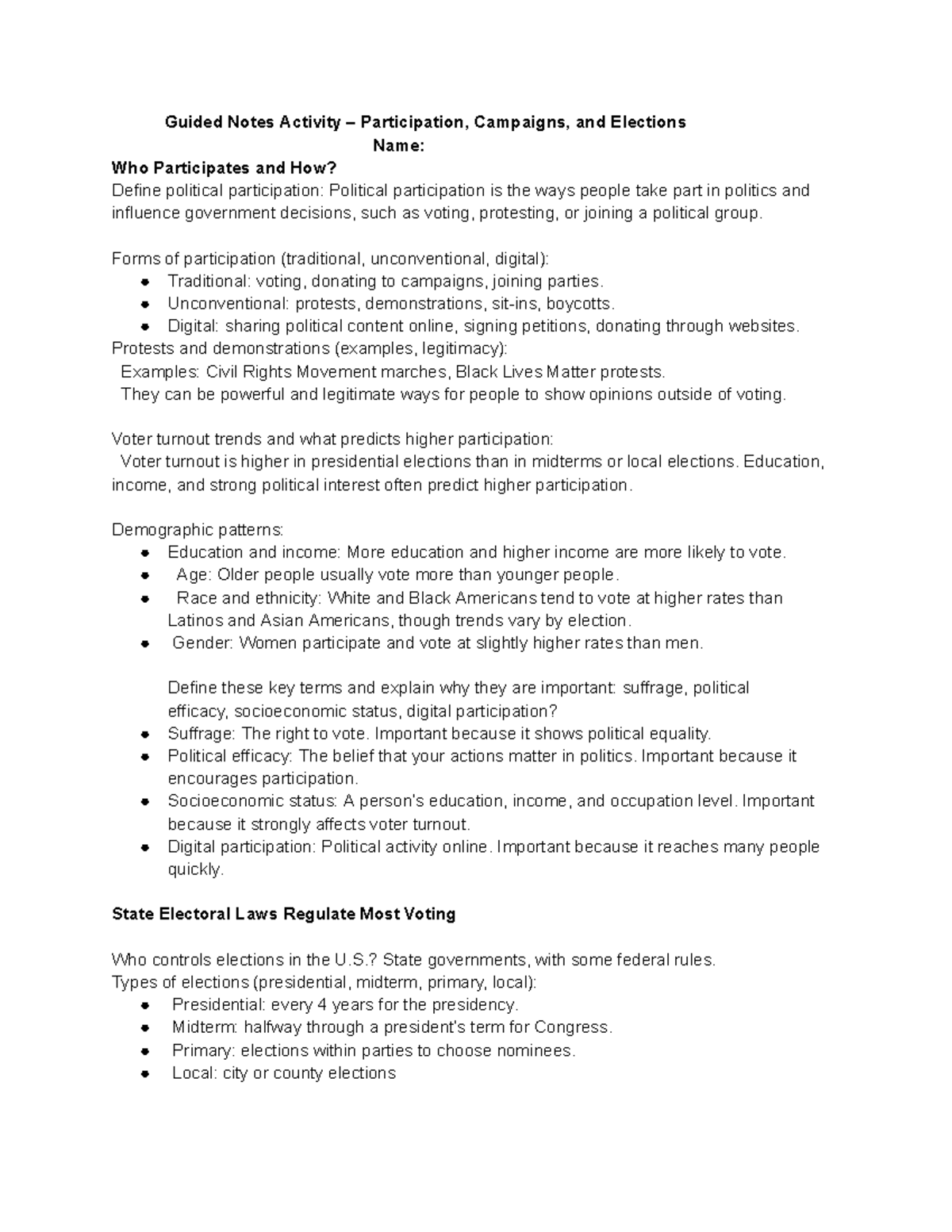 Guided Notes Activity: Political Participation, Campaigns & Elections ...