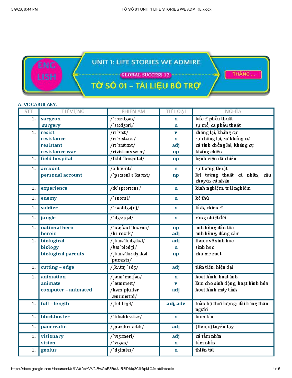TỜ SỐ 01 UNIT 1 LIFE STORIES WE ADMIRE - Vocabulary and Exercises - Document Preview