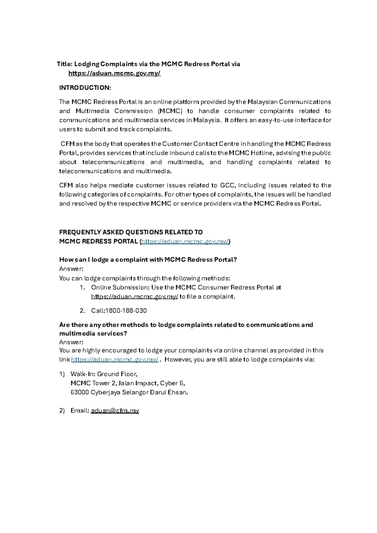 Title: FAQs on Lodging Complaints via MCMC Redress Portal (CCMD) - Studocu