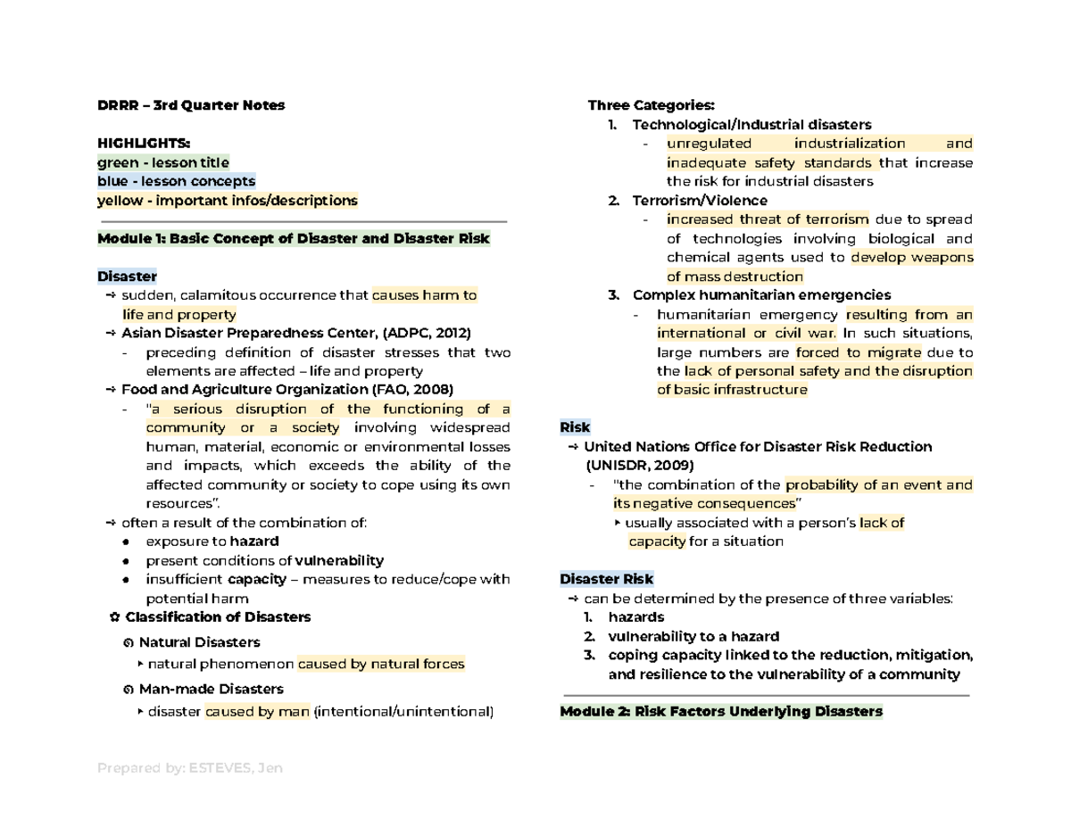 Q3-DRRR- Notes: Key Highlights on Disaster Concepts and Risks - Studocu