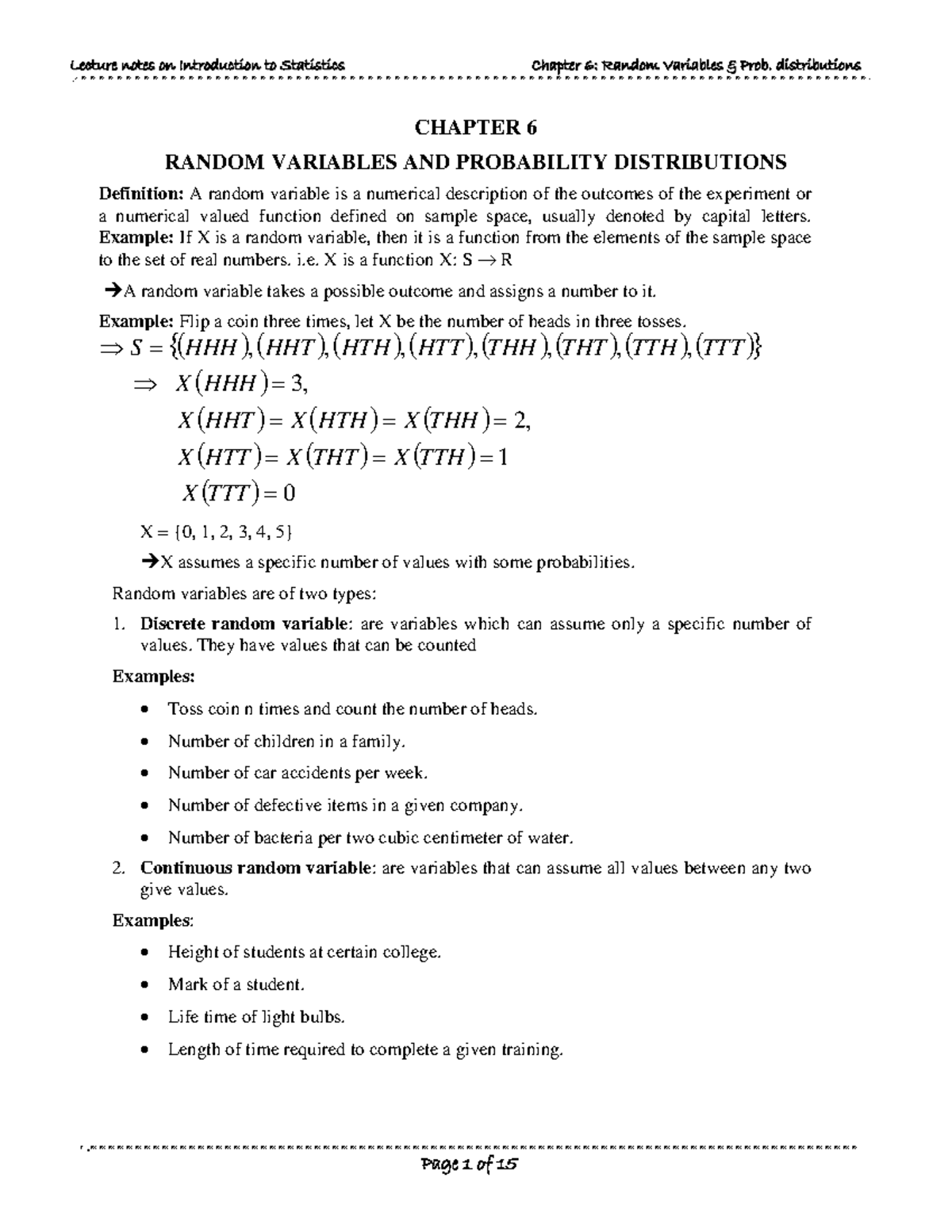 Lecture Notes: Intro to Statistics (Chapter 6) - Random Variables ...