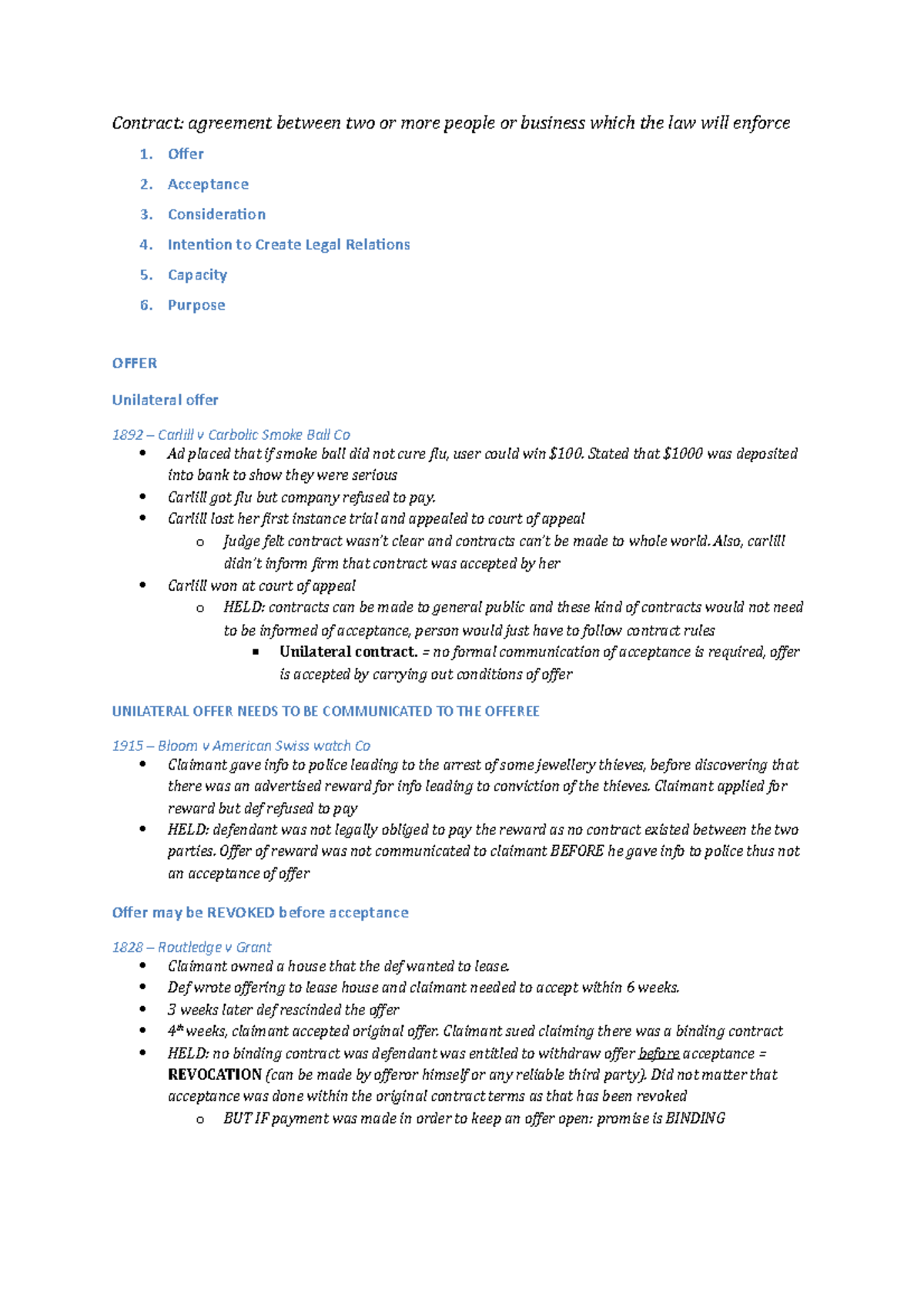 Cases for contract law - Contract: agreement between two or more people ...