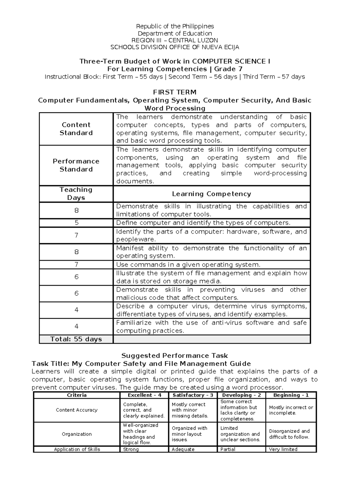 BOW Computer Science I - Grade 7 Learning Competencies Overview - Studocu