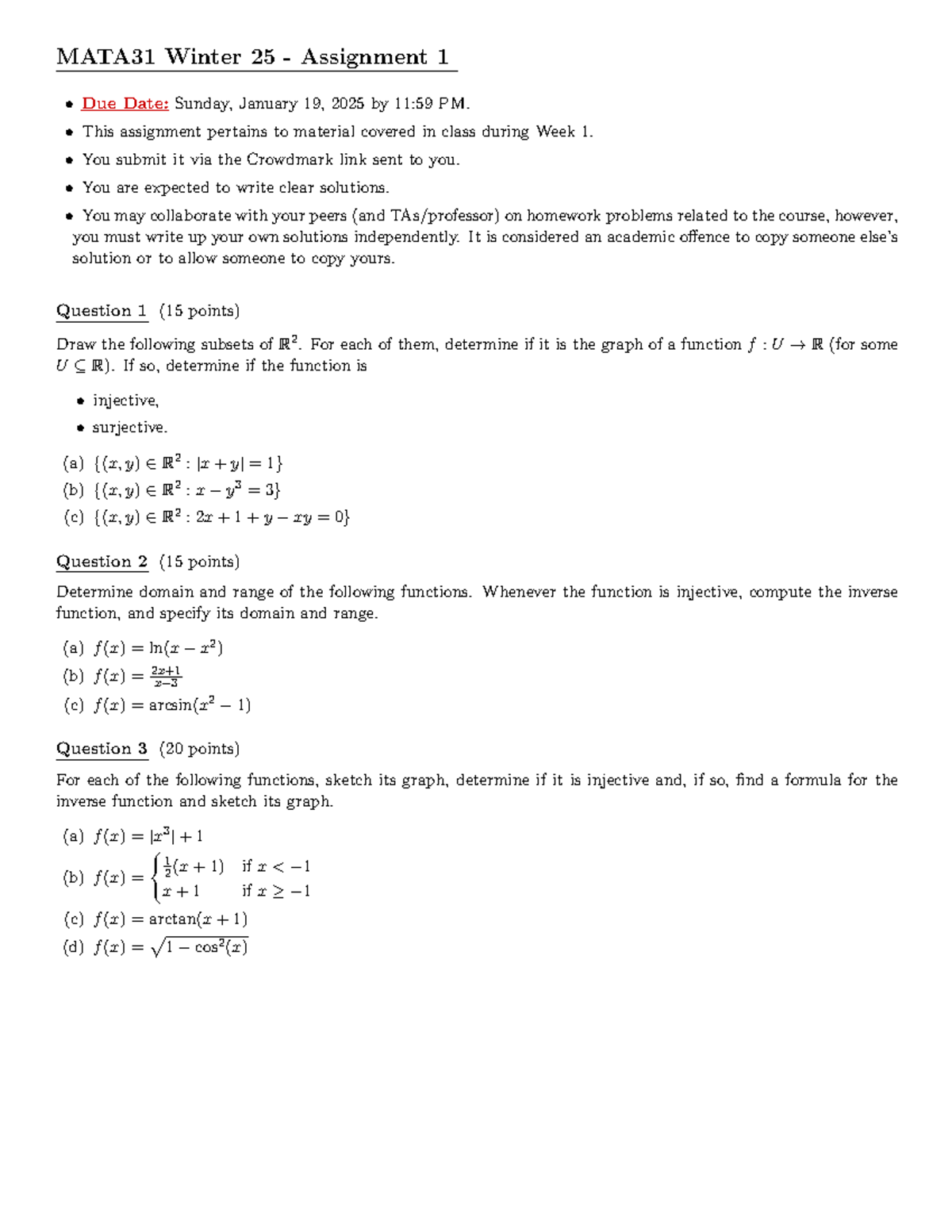 MATA31 Winter 25 Assignment 1: Week 1 Problems & Solutions - Studocu