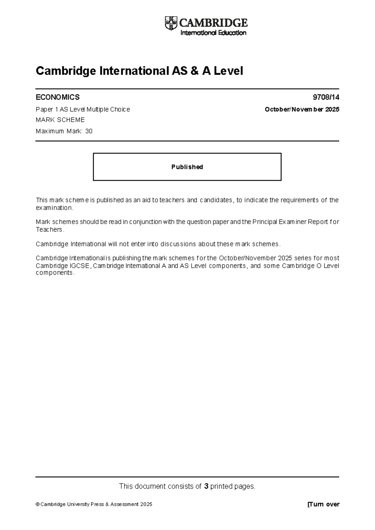 Cambridge International AS A Level ECONOMICS 9708 W25 Paper 1 Mark ...