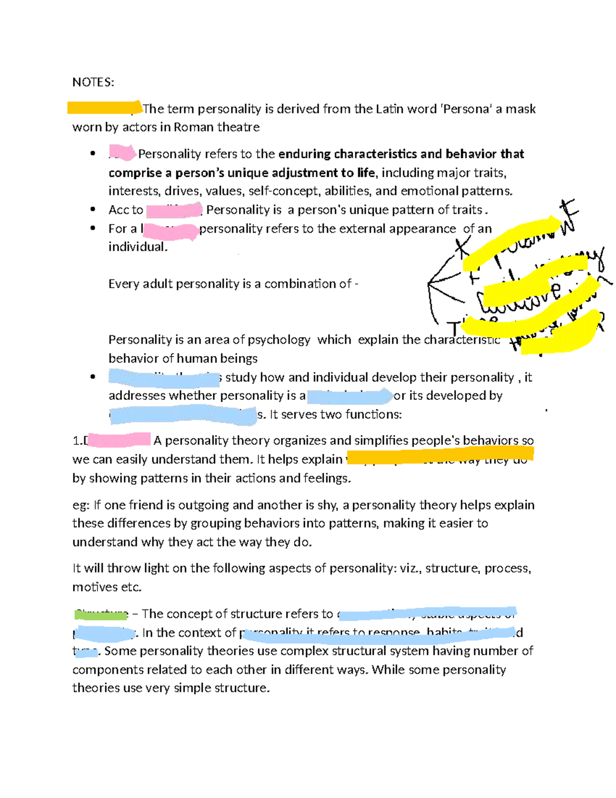 Notes for personality sessional - NOTES: Personality: The term ...