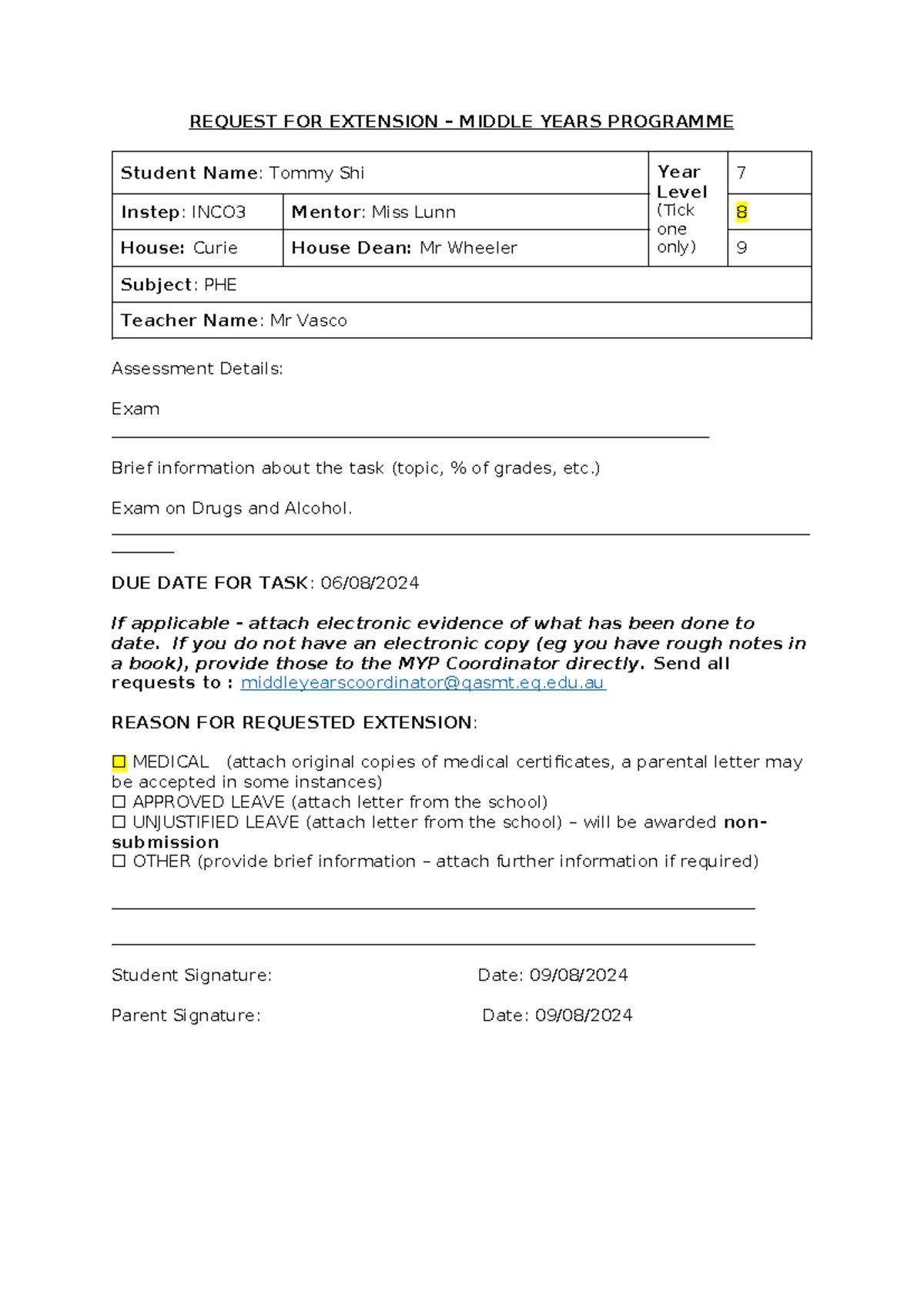 MYP INCO3 Extension Request Form - Tommy Shi for PHE Exam - Studocu