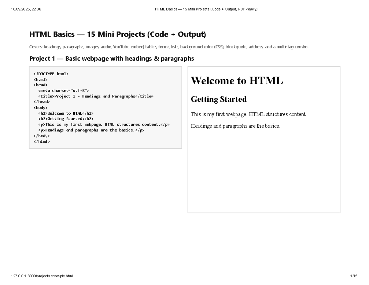 22:36 HTML Basics: 15 Mini Projects with Code Output - Studocu