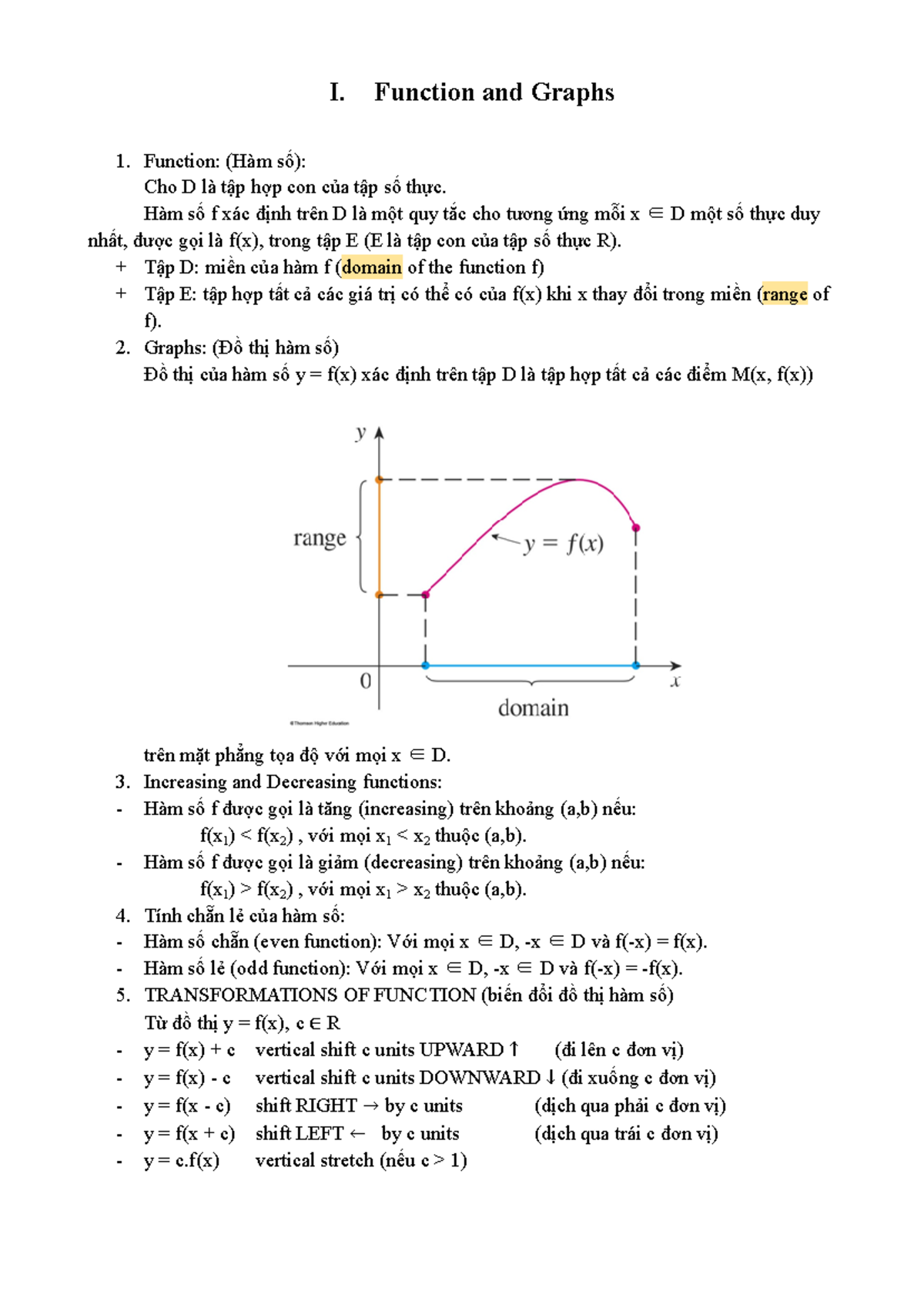 MAE101 tổng hợp kiến thức PT1 2 - I. Function and Graphs Function: (Hàm ...