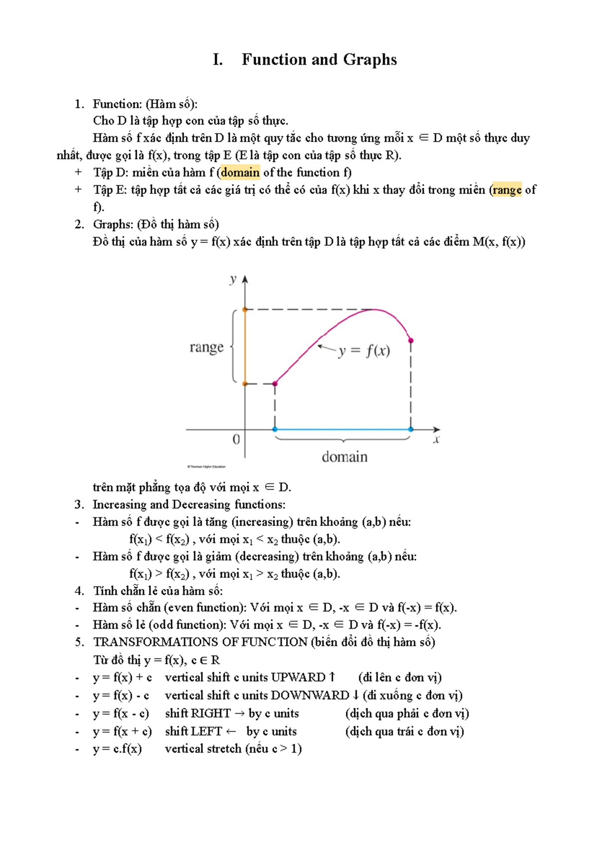 MAE101 tổng hợp kiến thức PT1 2 - I. Function and Graphs Function: (Hàm ...