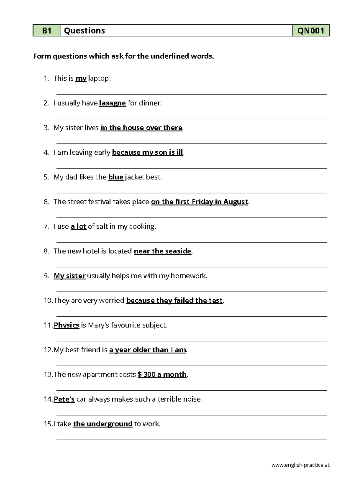 B1 Questions on Underlined Words - QN001 Practice Exercises - Studocu