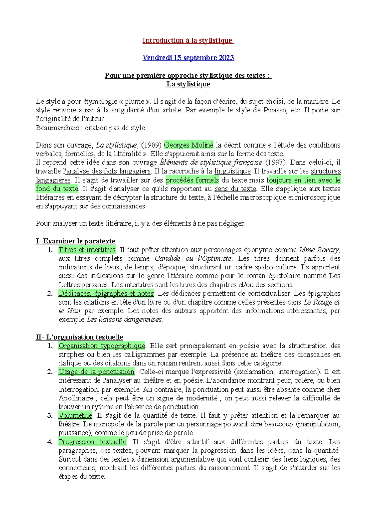 Introduction à la Stylistique - Cours de Littérature 2023 - Studocu