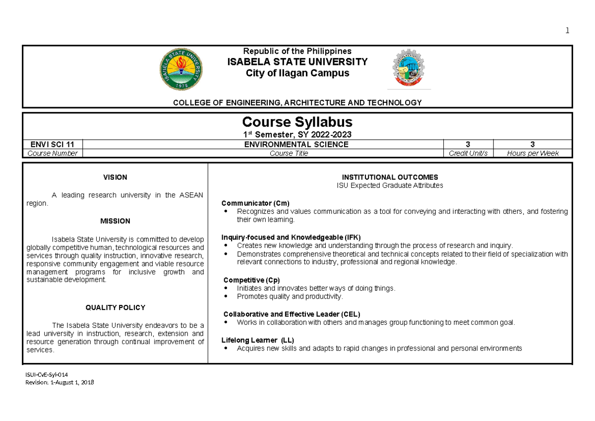 ENVI SCI 11: Updated Course Syllabus for Environmental Science - Studocu