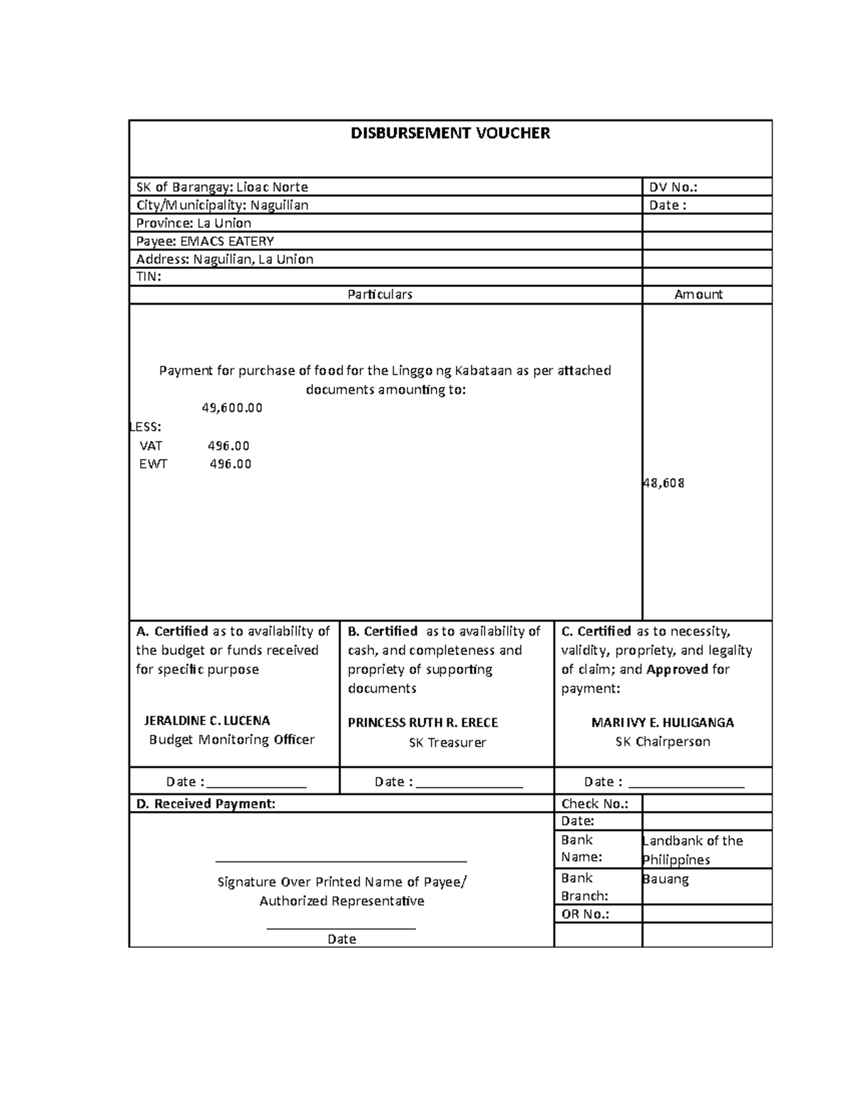 DV - Disbursement Voucher and Purchase Request for Lioac Norte - Studocu
