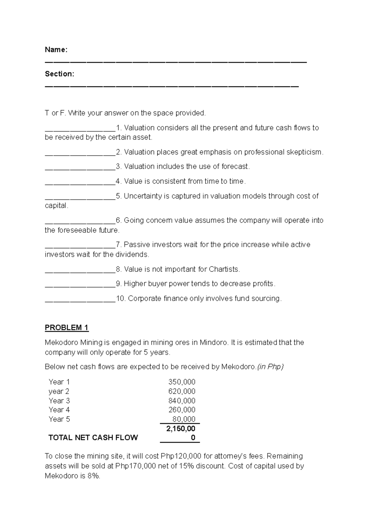 PUP Activity 2 - Valuation and Cash Flow Analysis - Studocu
