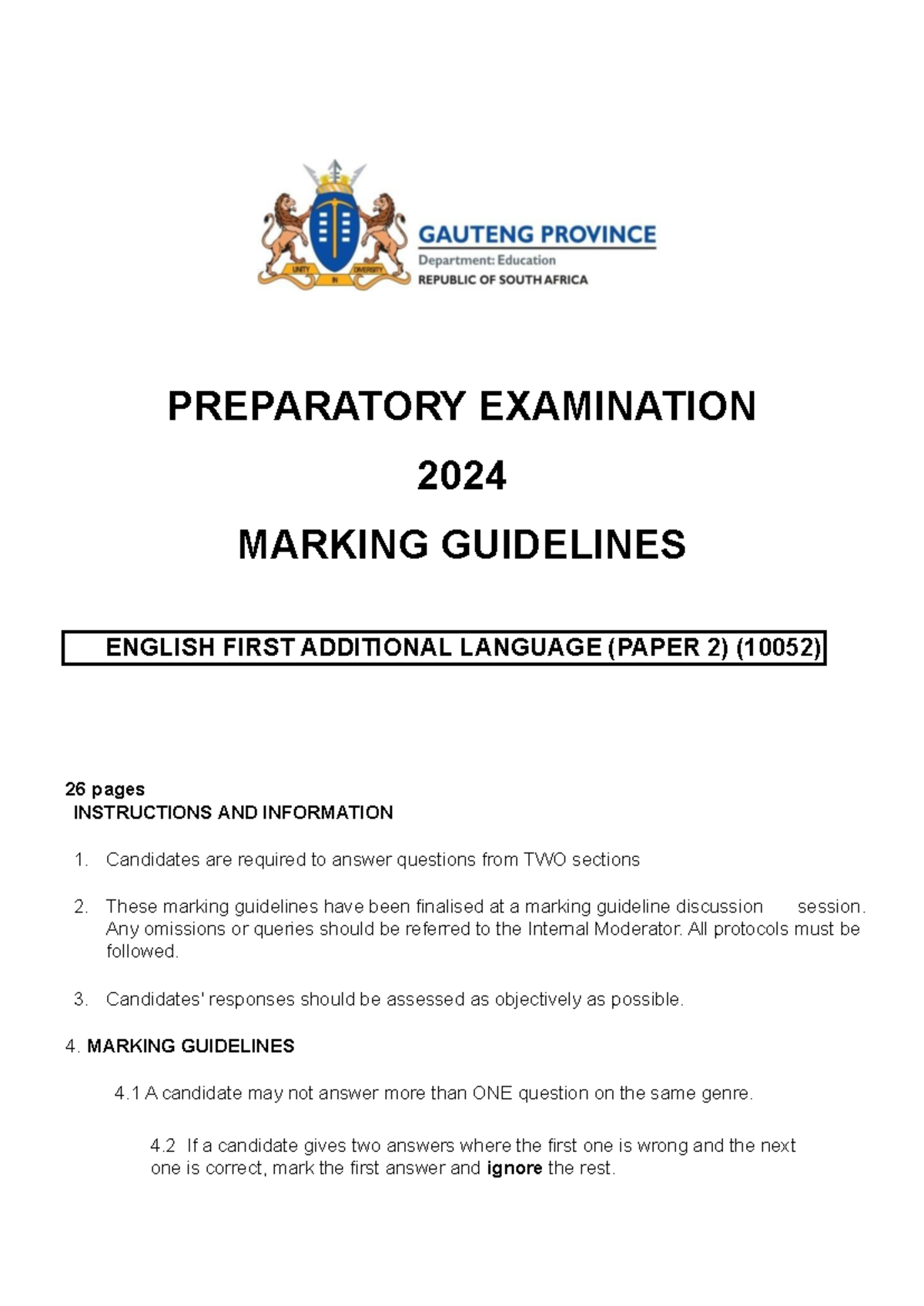 Official 10052 English FAL P2 Prep Exam Marking Guidelines for 2024 ...