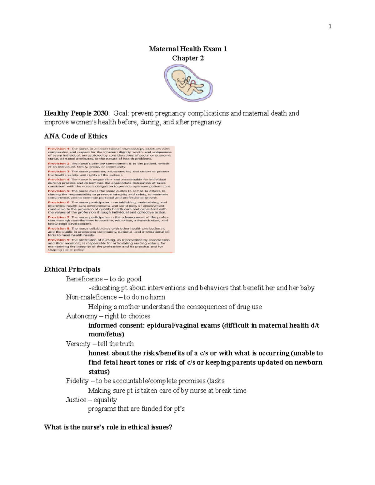 MH 101 Exam 1 Study Guide: Key Maternal Health Concepts and Ethics ...