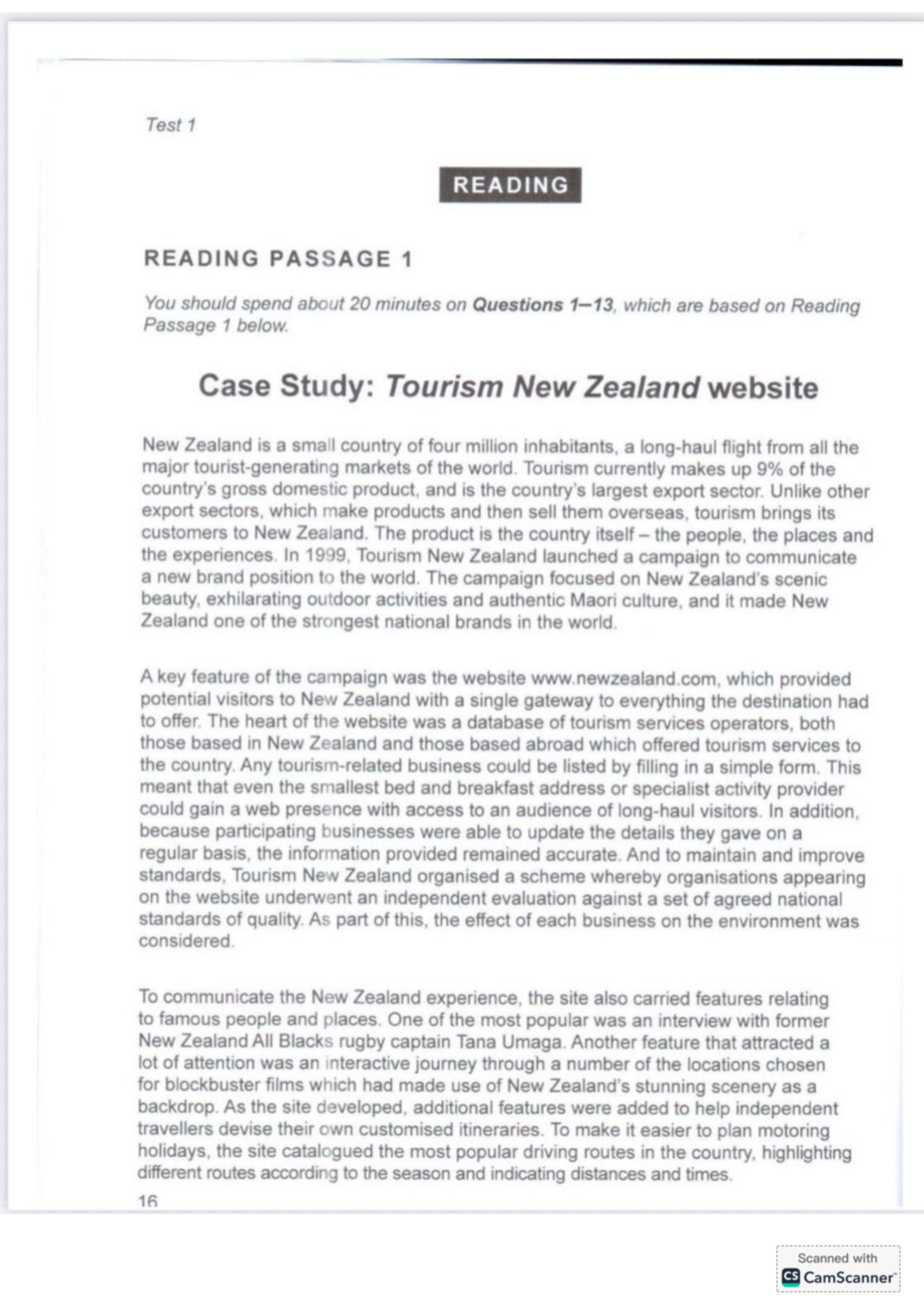 Cambridge 13 Test 1 Reading: Case Study on Tourism in New Zealand - Studocu