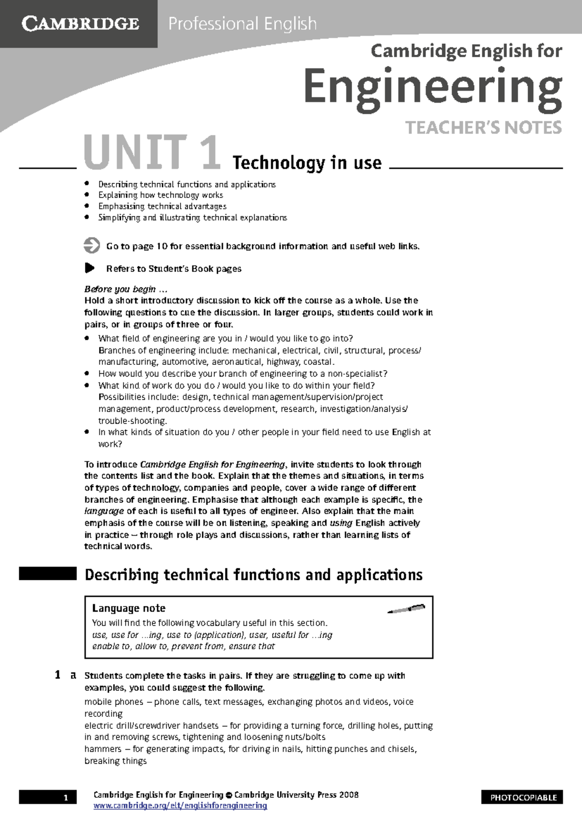 Teaching Notes for Cambridge English for Engineering (T1) - Studocu