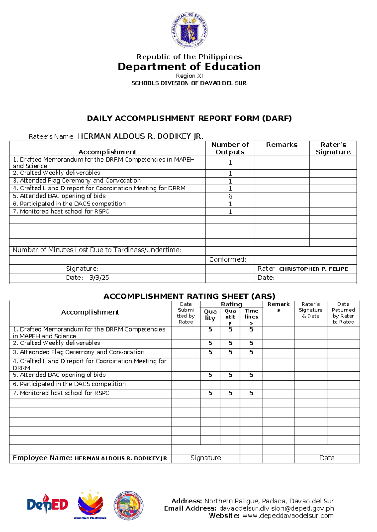 DARF & ARS - Daily Accomplishment Report for Herman Aldous R. B. Jr ...