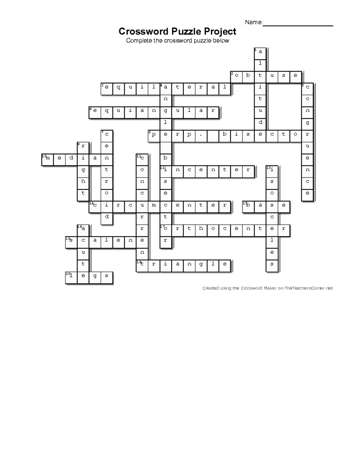Crossword Puzzle Answer Key - Math Geometry Concepts (MATH101) - Studocu