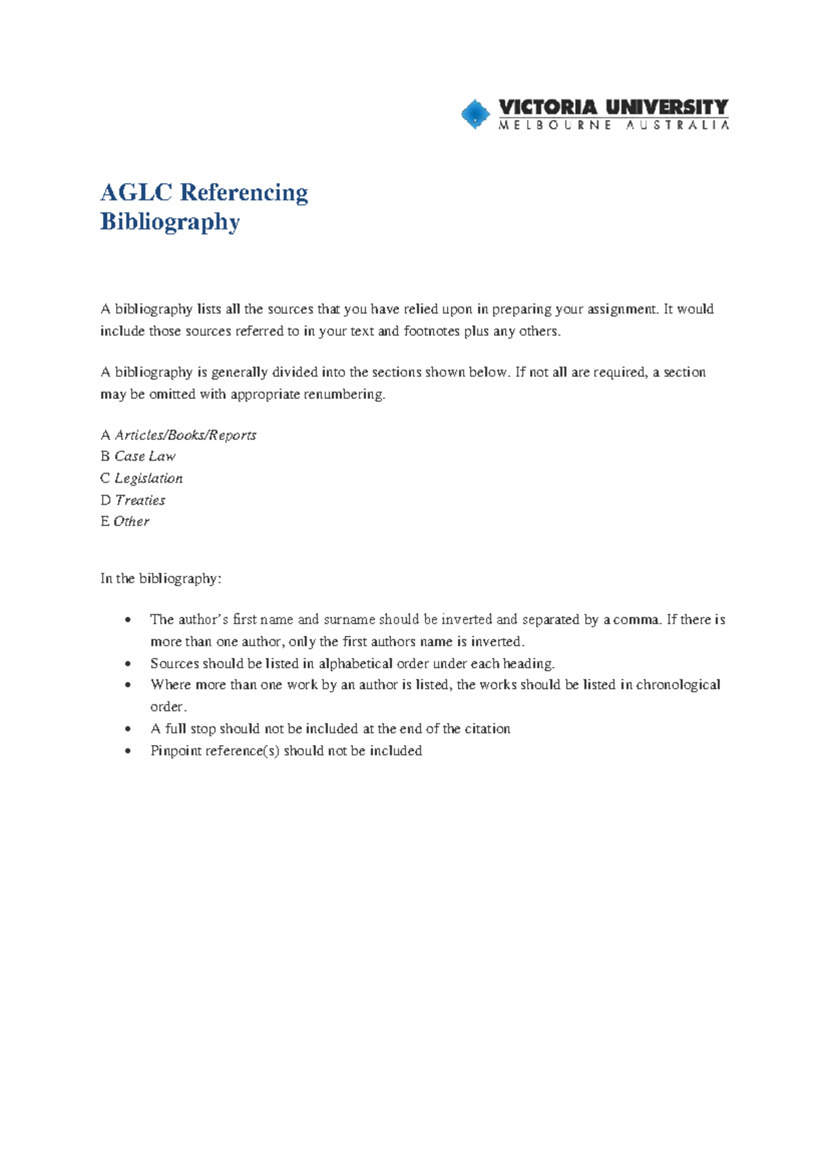 AGLC4 - Sample Bibliography Structure and Guidelines - Studocu